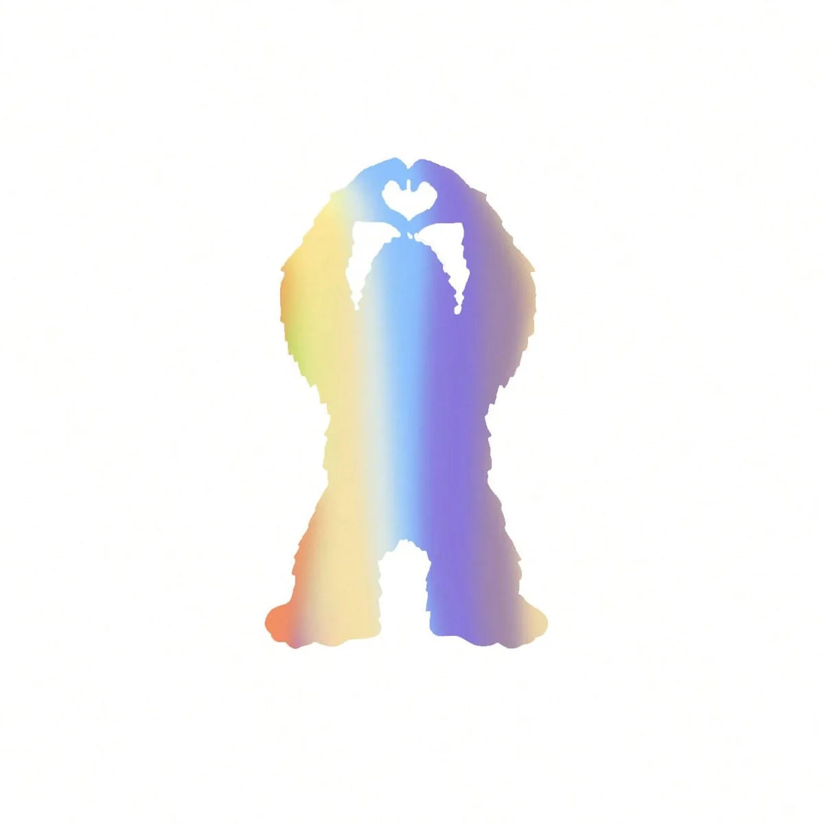 A colorful, iridescent vinyl decal shaped like a Bigfoot handprint and heart.