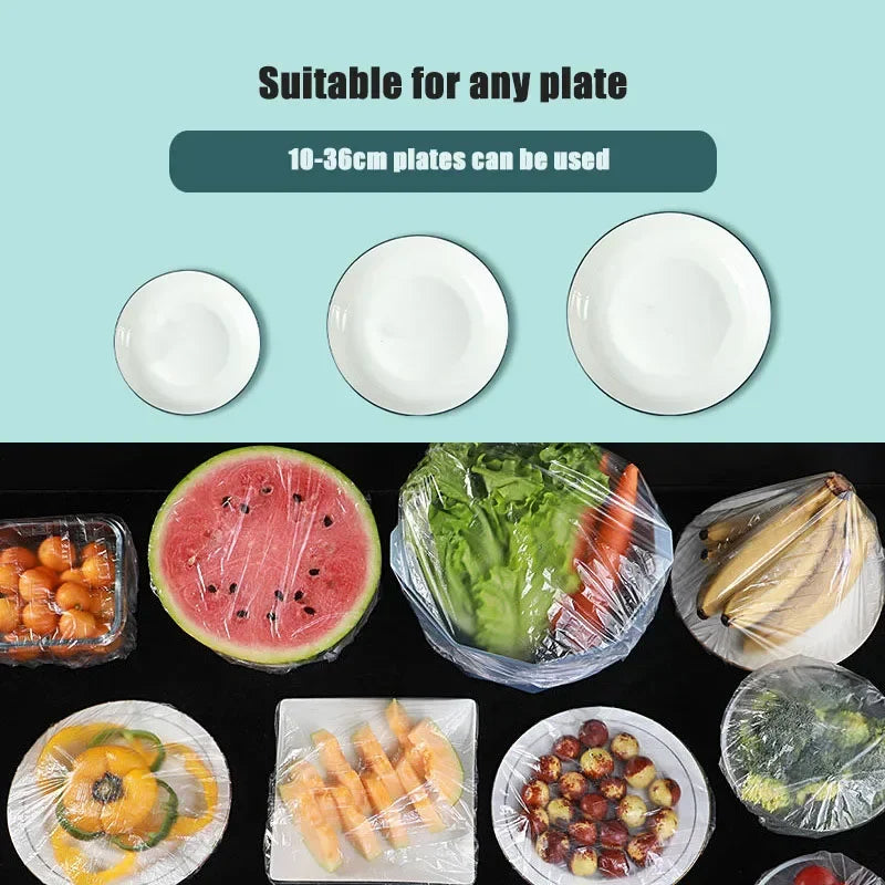 Various white plates and food items are shown with elastic food covers for freshness.