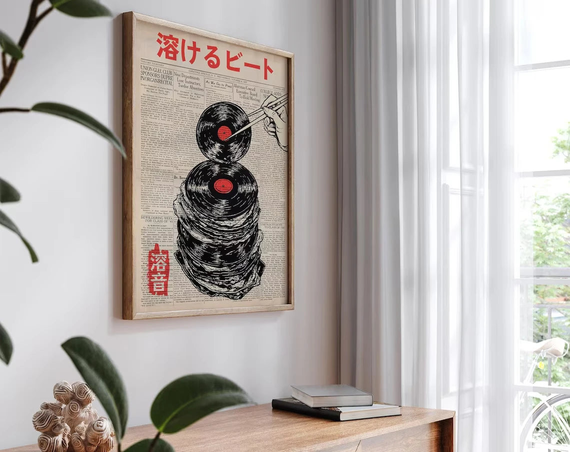 A framed poster featuring a black and white illustration of a vinyl record, titled 溶けるビート (Melting Beat).