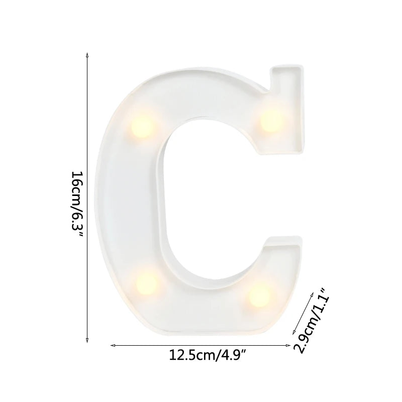 A white alphabet letter C light with warm white LED illumination.