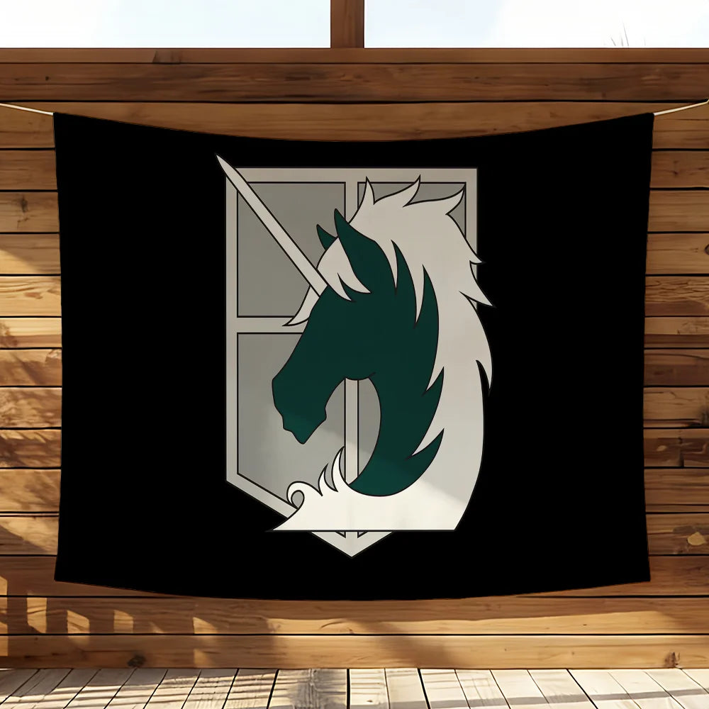 A black banner displaying a silver-toned crest featuring a stylized horse's head on a wooden background.