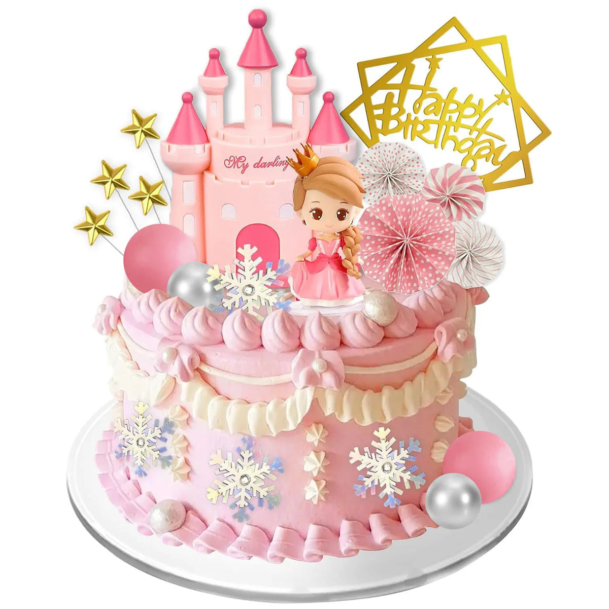 A pink princess castle cake topper set featuring a castle, a crown, and a gold birthday banner.