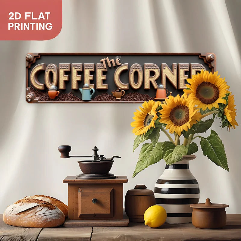 Vintage Metallwandtafel mit dem Text The Coffee Corner, präsentiert mit Kaffeebedarfsgütern.