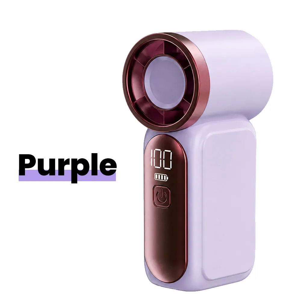 A purple portable rechargeable mini handheld fan with a rose gold accent and a circular grille.