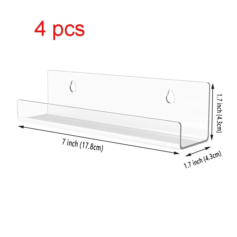Four clear acrylic floating record shelves with dimensions 7 inches long and 1.7 inches deep.