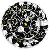 A circular arrangement of black cat and kitten stickers with yellow eyes.