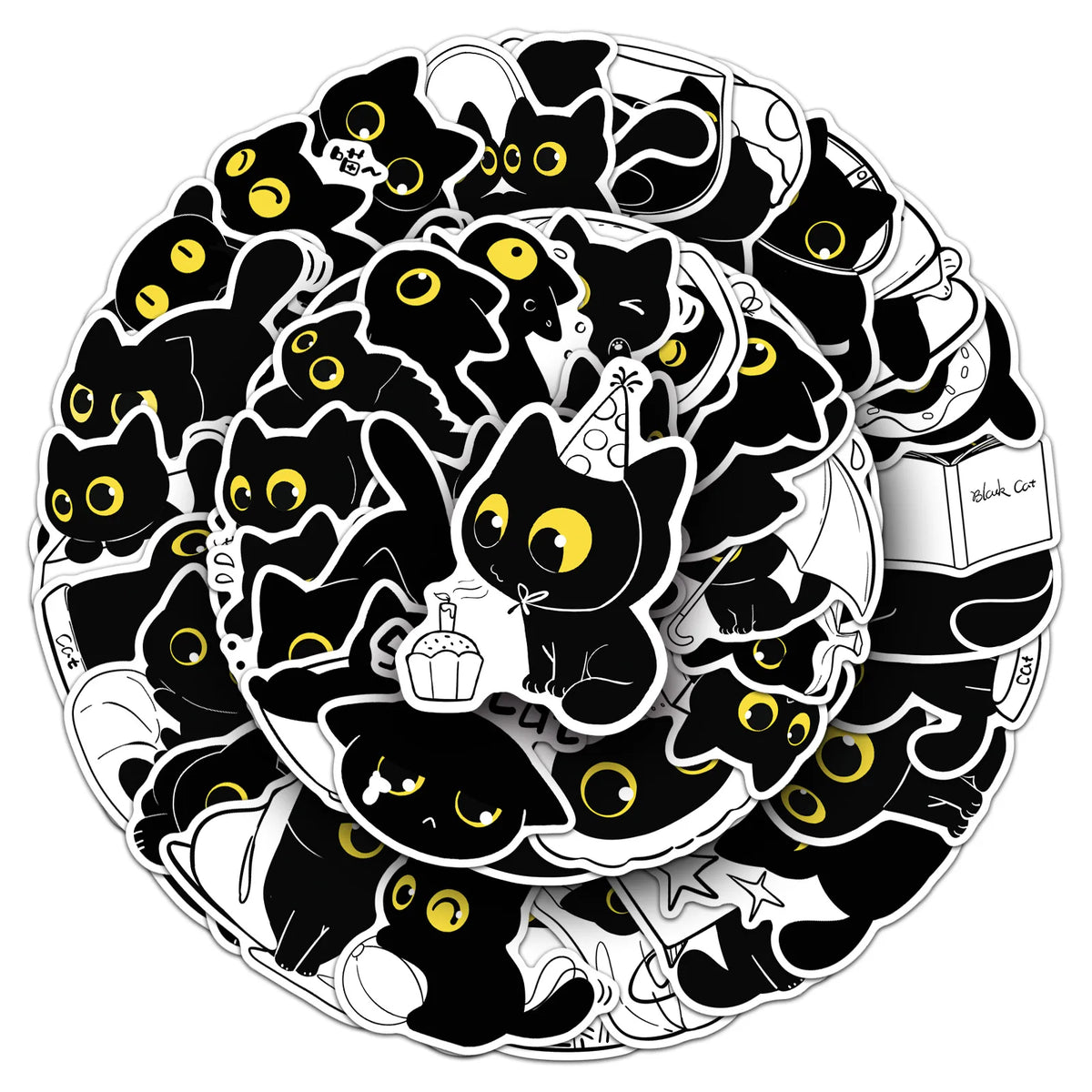 A circular arrangement of black cat and kitten stickers with yellow eyes.