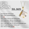 A silver pendant necklace with a charm engraved with German phrases for a son