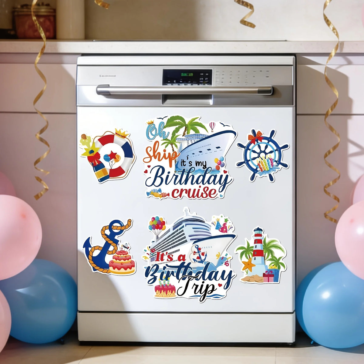 A white refrigerator door decorated with seven colorful stickers featuring a birthday cruise theme.