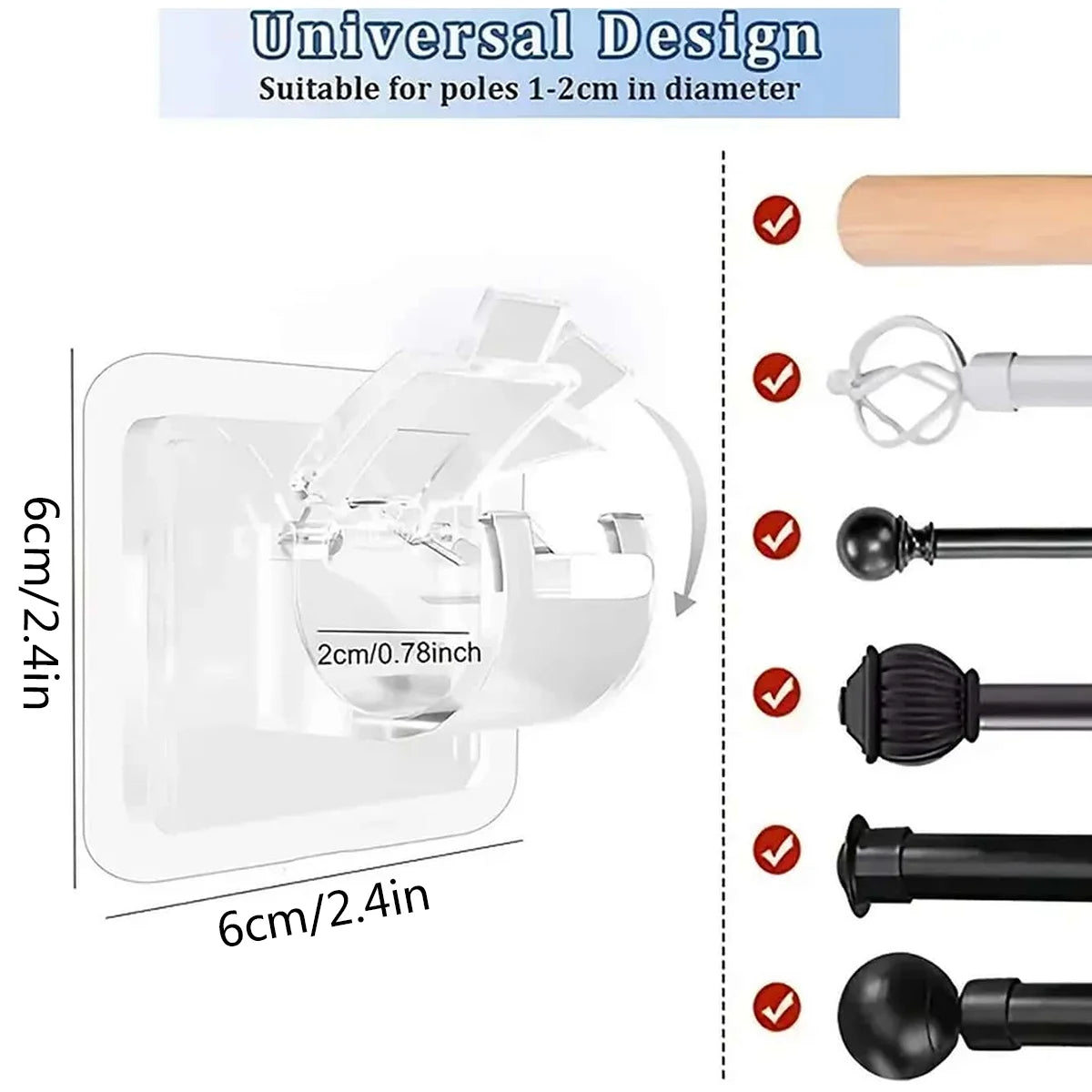 A set of universal design self-adhesive curtain rod holders for poles, shown in various finishes and angles.
