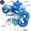 A set of blue shark foil balloons in various sizes including 18 inch, 22 inch, and 32 inch for an ocean-themed party decorati