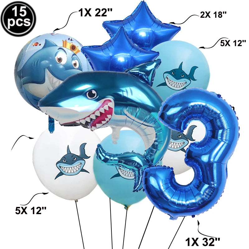 A set of blue shark foil balloons in various sizes including 18 inch, 22 inch, and 32 inch for an ocean-themed party decorati