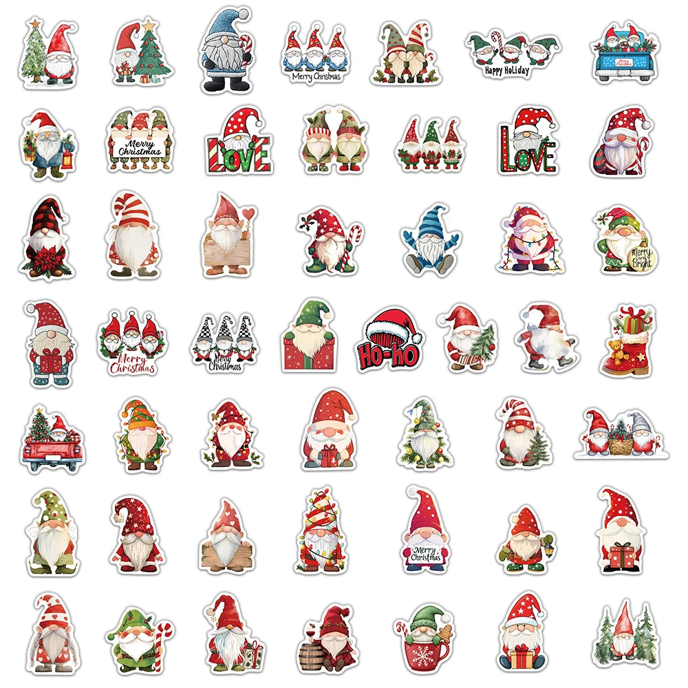 A collection of 25 Christmas dwarf and Santa decorations stickers featuring various festive characters and themes.