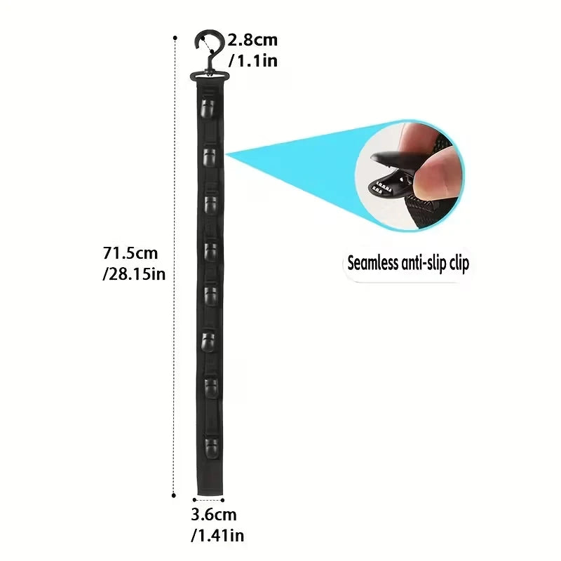 A black hanging hat organizer with 8 clips, measuring 71.5cm long and 3.6cm wide.