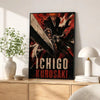 A framed poster featuring a dramatic anime style character with red and black tones, titled Ichigo Kurosaki.