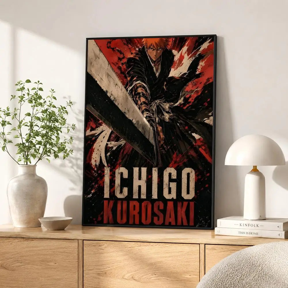 A framed poster featuring a dramatic anime style character with red and black tones, titled Ichigo Kurosaki.