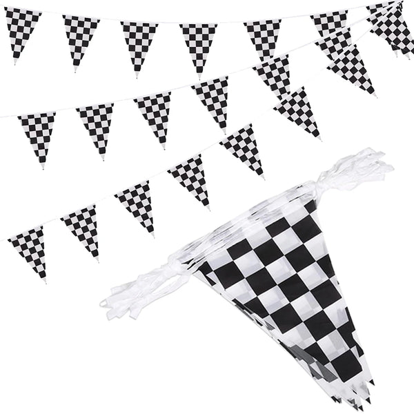 A banner featuring checkered racing pennants strung across, with one pennant dangling below.
