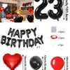 A set of red and black foil number balloons, heart balloons, and letter balloons for birthday decorations.