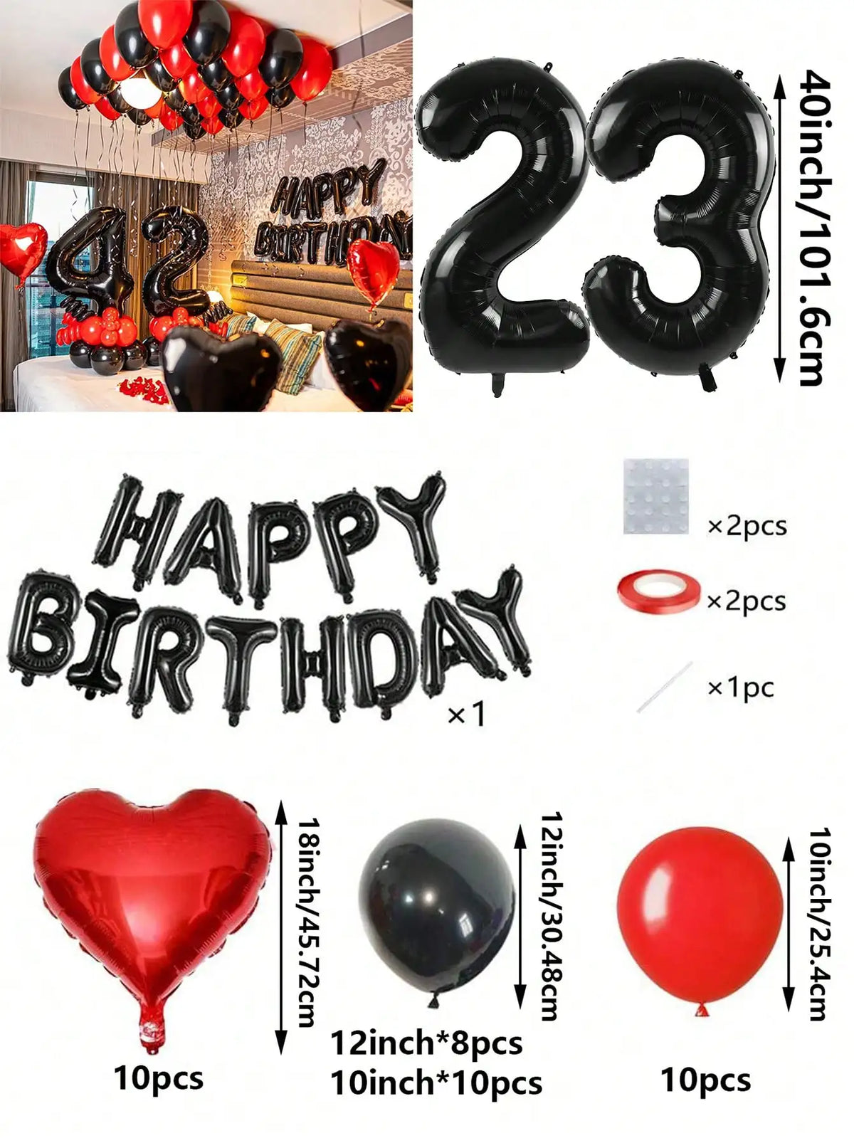A set of red and black foil number balloons, heart balloons, and letter balloons for birthday decorations.