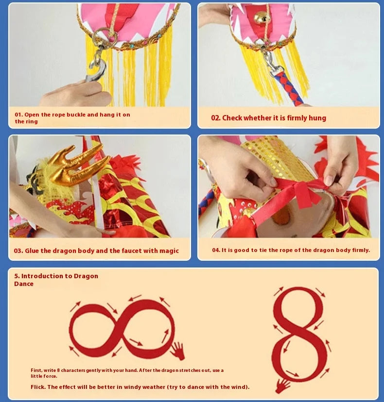 Instrucciones para usar un accesorio de fitness de danza de dragón, mostrando cómo colgar la cuerda y pegar las partes.