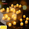 A set of 12 glowing LED tea light candles displayed on a dark surface.
