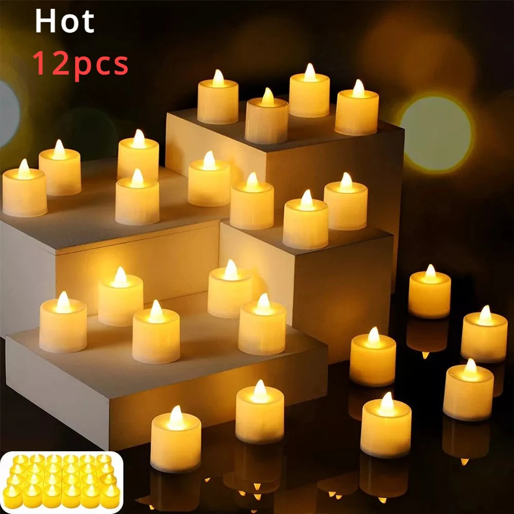 A set of 12 glowing LED tea light candles displayed on a dark surface.