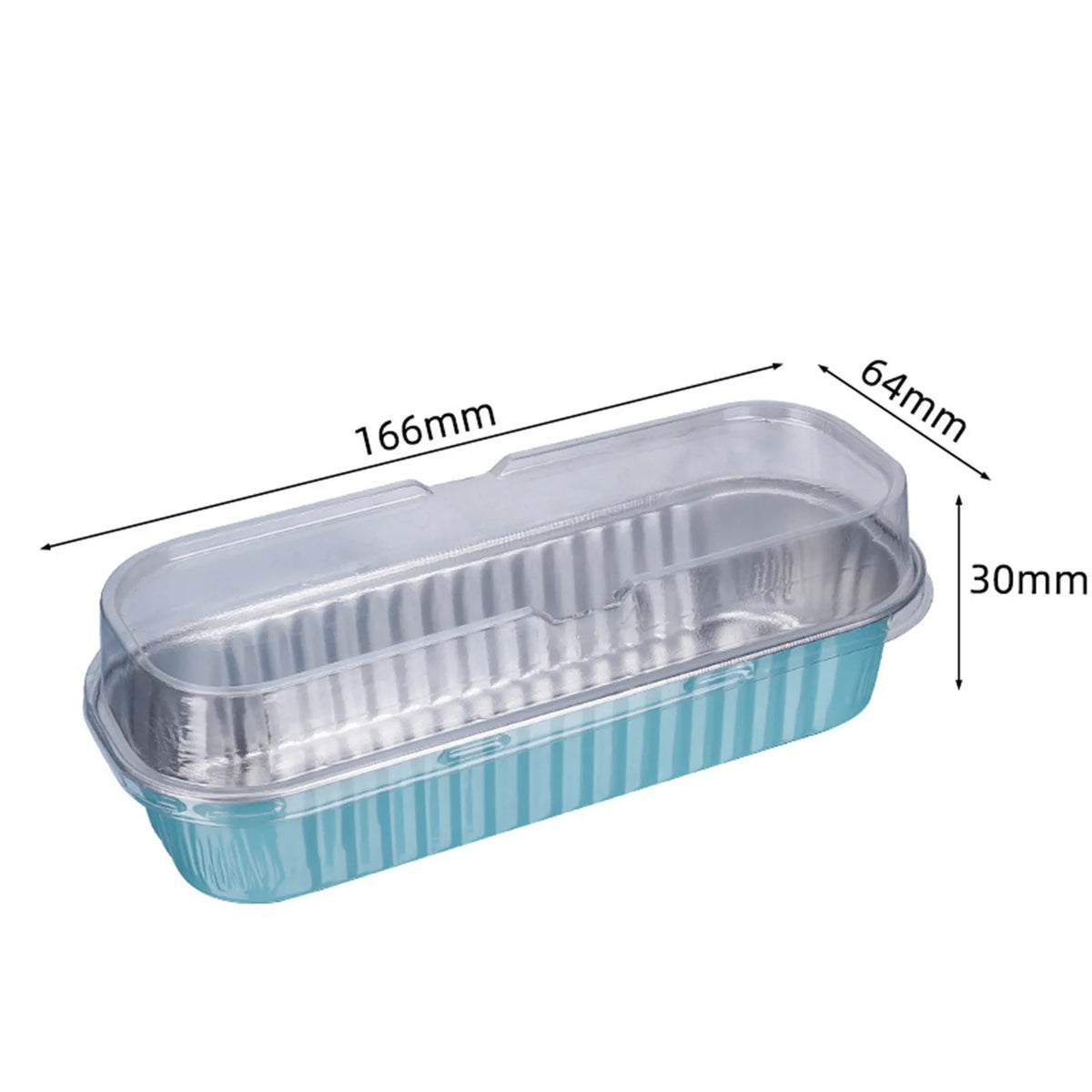 Disposable aluminum foil baking tray with a translucent lid and light blue base.