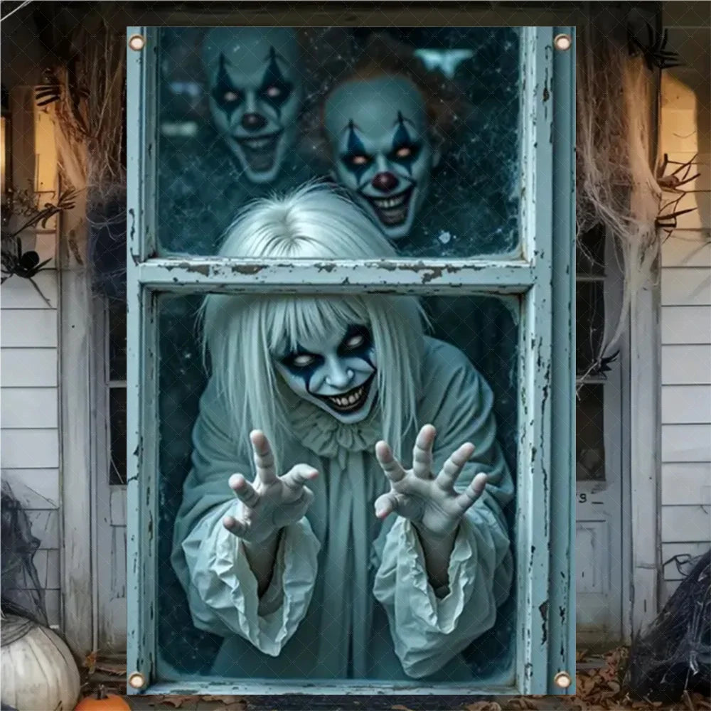 A spooky Halloween window banner featuring a ghostly white figure with dark makeup and long hair.
