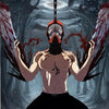 A stylized anime character with a dark background and blood-red accents, featuring a muscular torso and dark clothing.