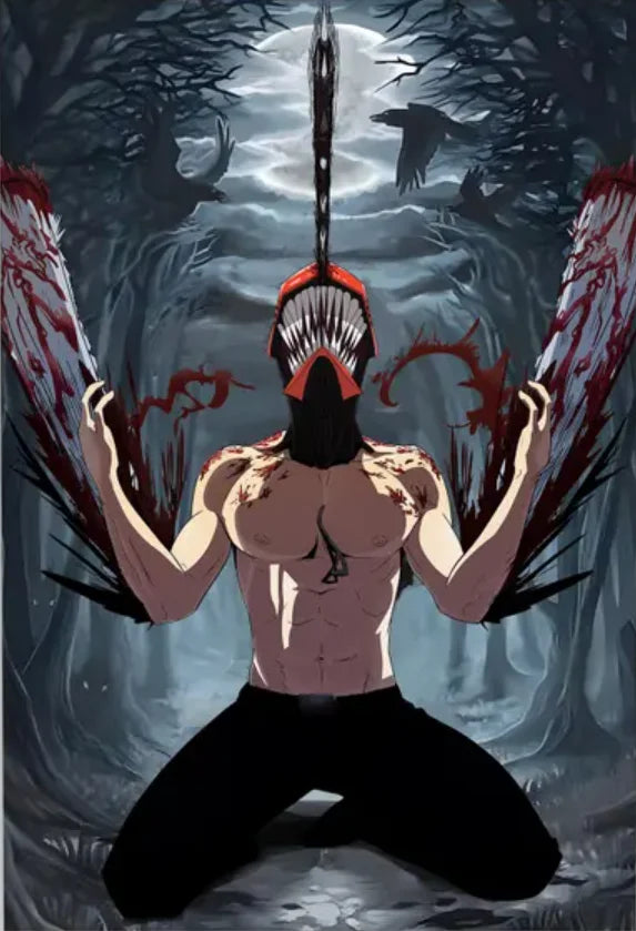 A stylized anime character with a dark background and blood-red accents, featuring a muscular torso and dark clothing.