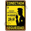 Vintage metal sign with yellow and black text warning about a connected alarm system for 24-hour security.