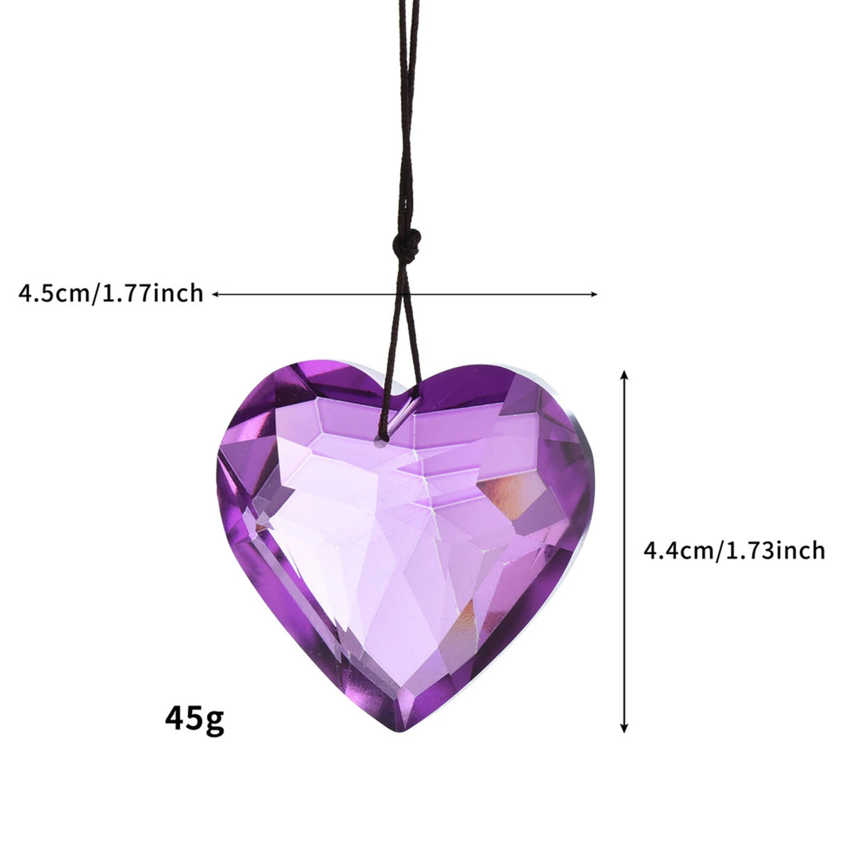 Purple heart-shaped crystal pendant with a black cord and measurements.