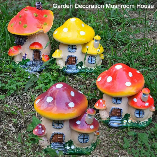 A collection of resin mushroom house garden decorations featuring various sizes and styles.