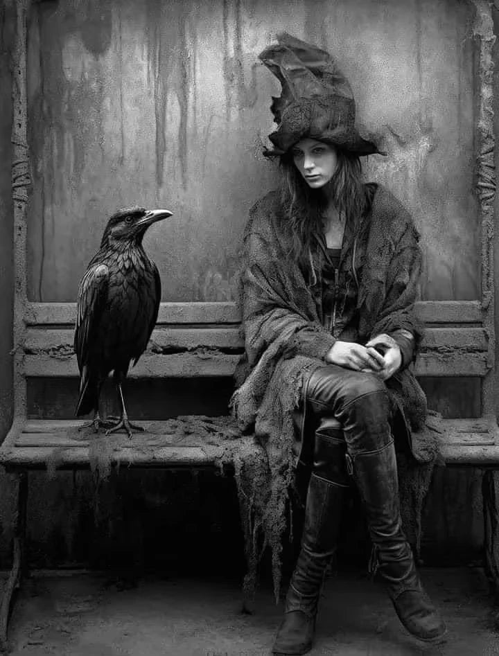 A dark academia witch demon art canvas print featuring a woman in a hooded cloak sitting on a wooden bench with a raven.