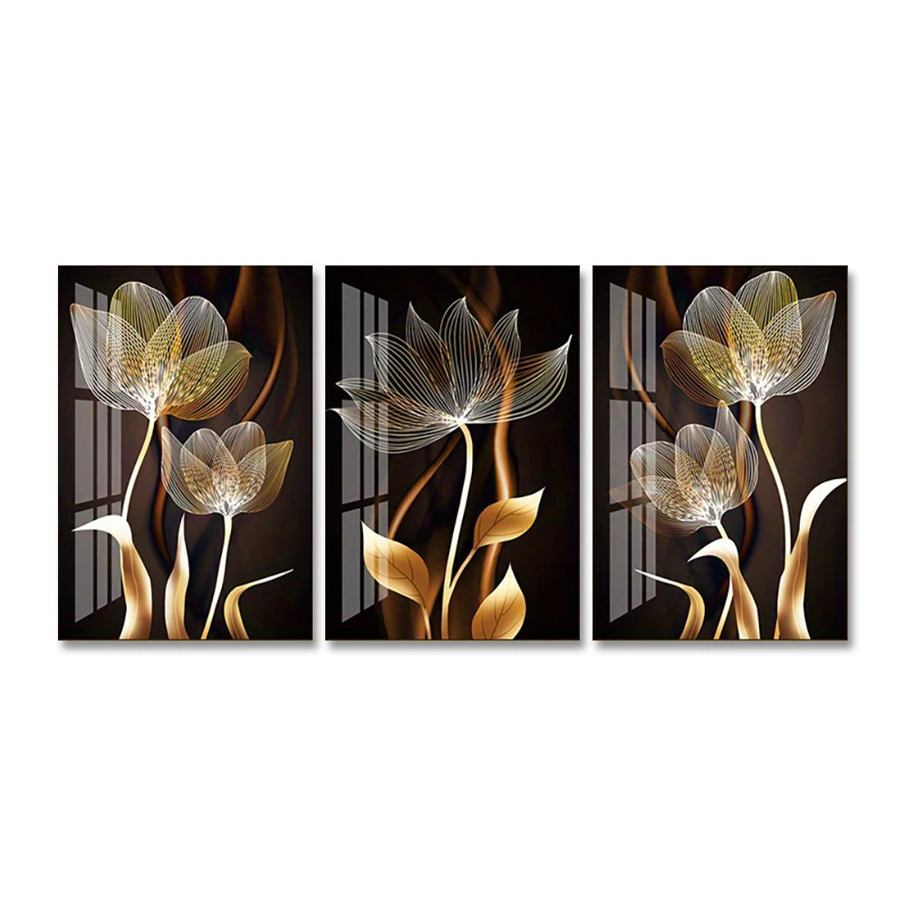 A set of three abstract floral canvas wall art pieces featuring golden and bronze tones on a dark background.