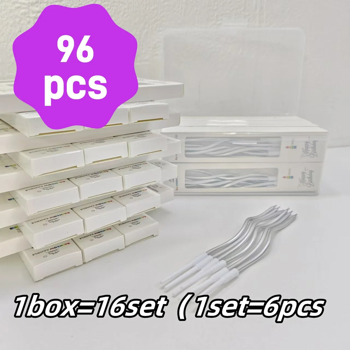 A box of 96 pieces of elegant spiral cake candles, with one box containing 16 sets of 6 pieces each.