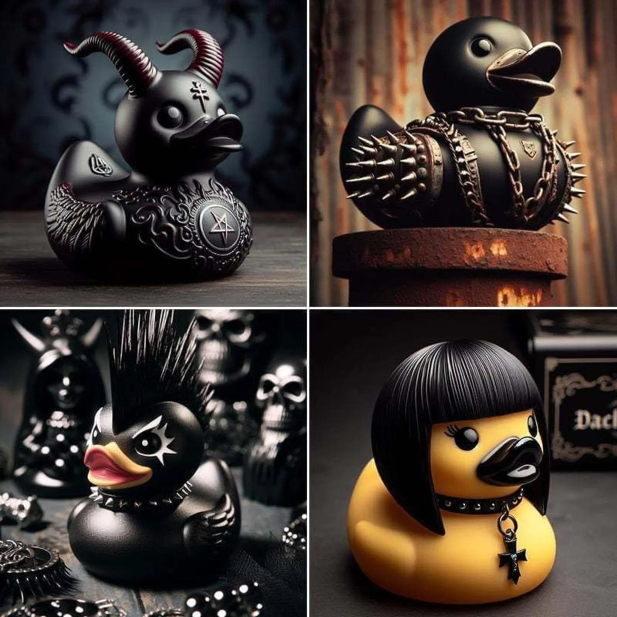 A set of seven black rubber duck figurines in various styles and finishes displayed on a wooden surface.