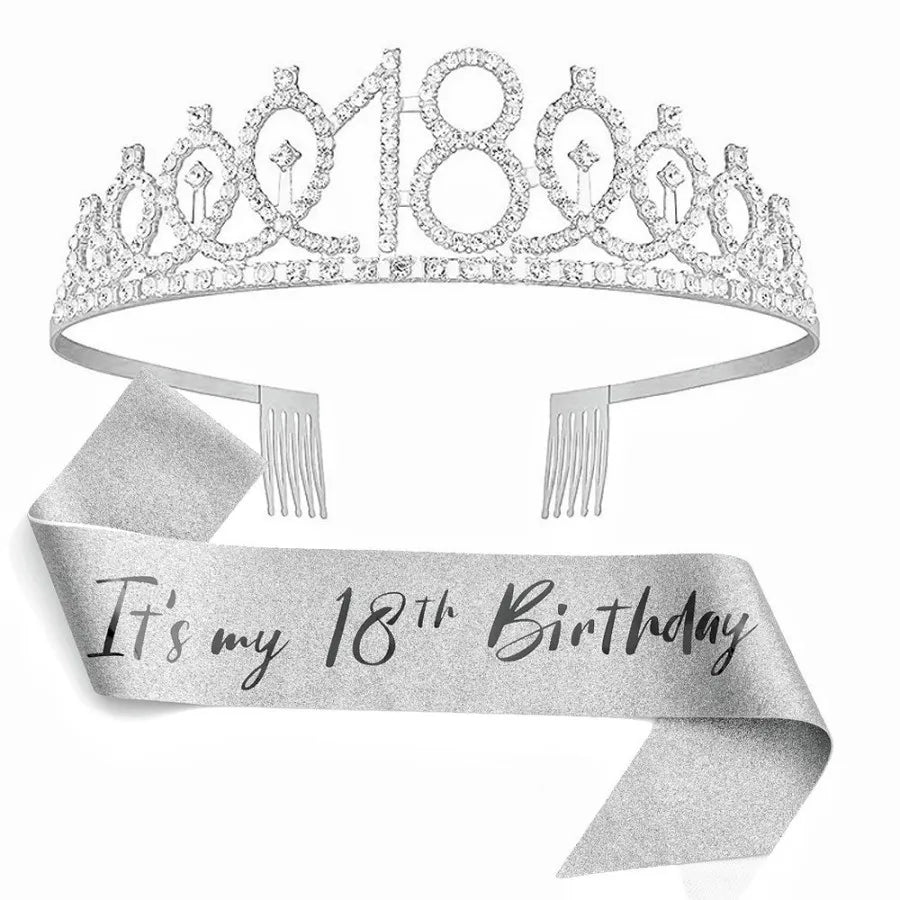 Silver rhinestone birthday crown and glitter sash set with a banner reading Its my 18th Birthday