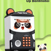A black and white piggy bank shaped like a panda, automatically winds up banknotes.