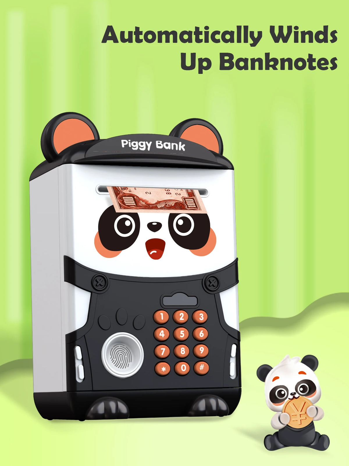 A black and white piggy bank shaped like a panda, automatically winds up banknotes.