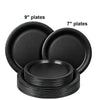 A set of black disposable paper plates, including 7 inch and 9 inch round plates.