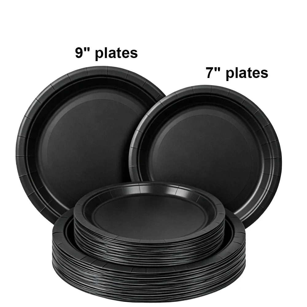 A set of black disposable paper plates, including 7 inch and 9 inch round plates.