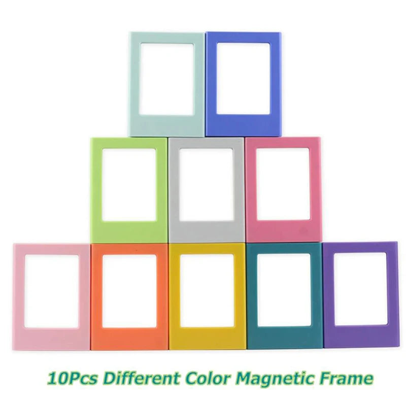A set of ten magnetic photo frames in various pastel colors including light blue, mint green, purple, and pink.