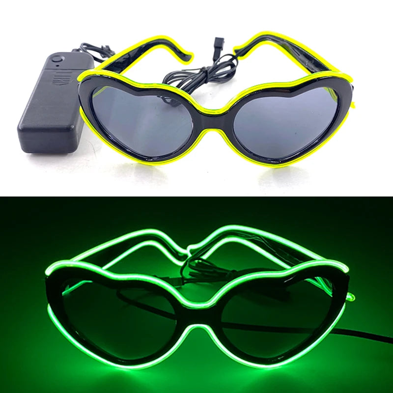 Pair of light up EL wire party glasses with a heart shape design and a black power clip.