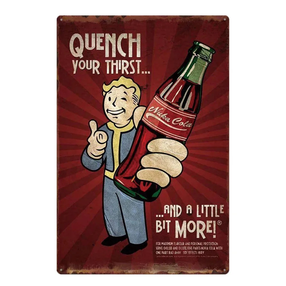 Vintage rusty metal wall sign featuring a illustration of a bottle of Nika Cola with the text Quench Your Thirst and And a Li