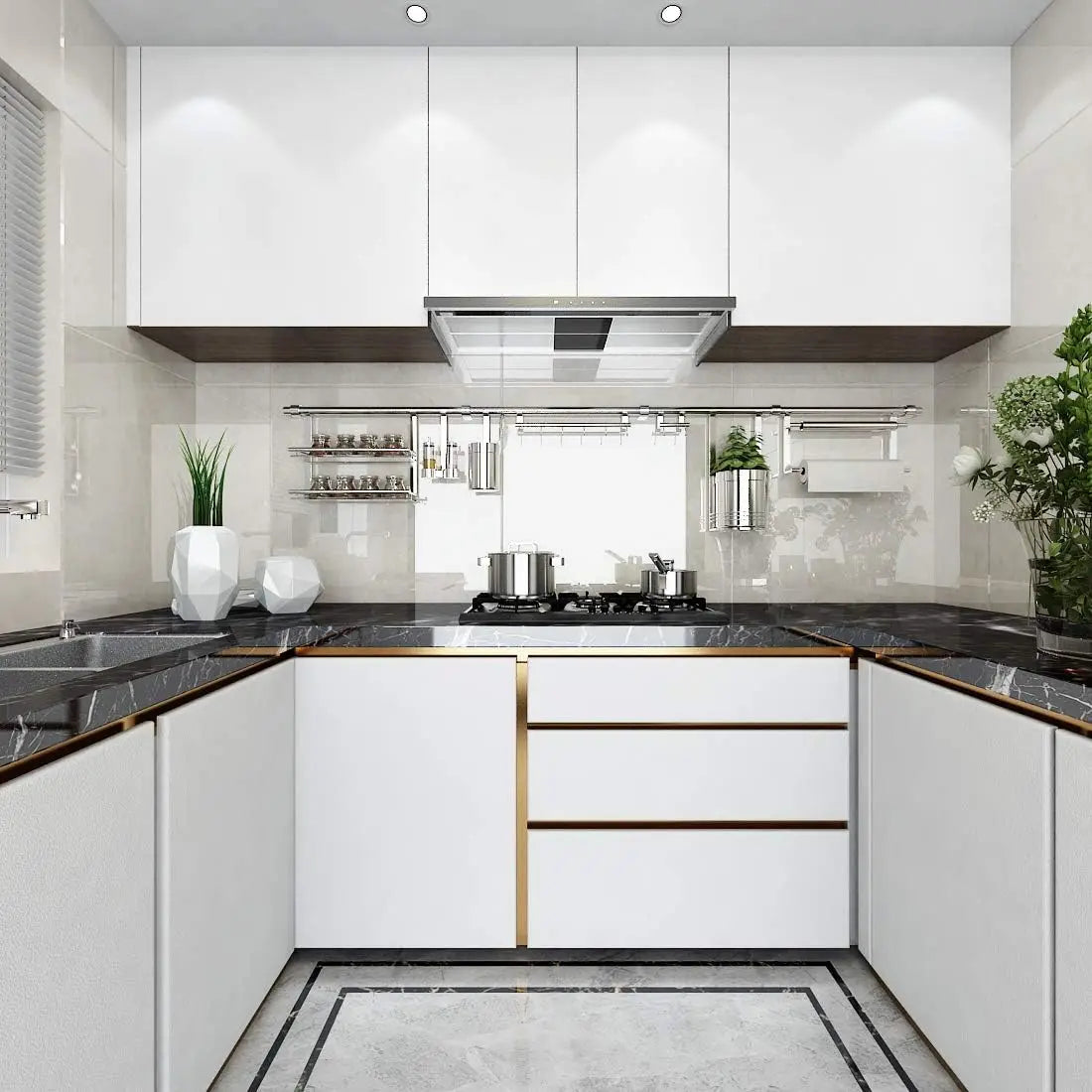 Modern kitchen cabinet and countertop featuring white cabinets, dark stone countertops, and stainless steel appliances.