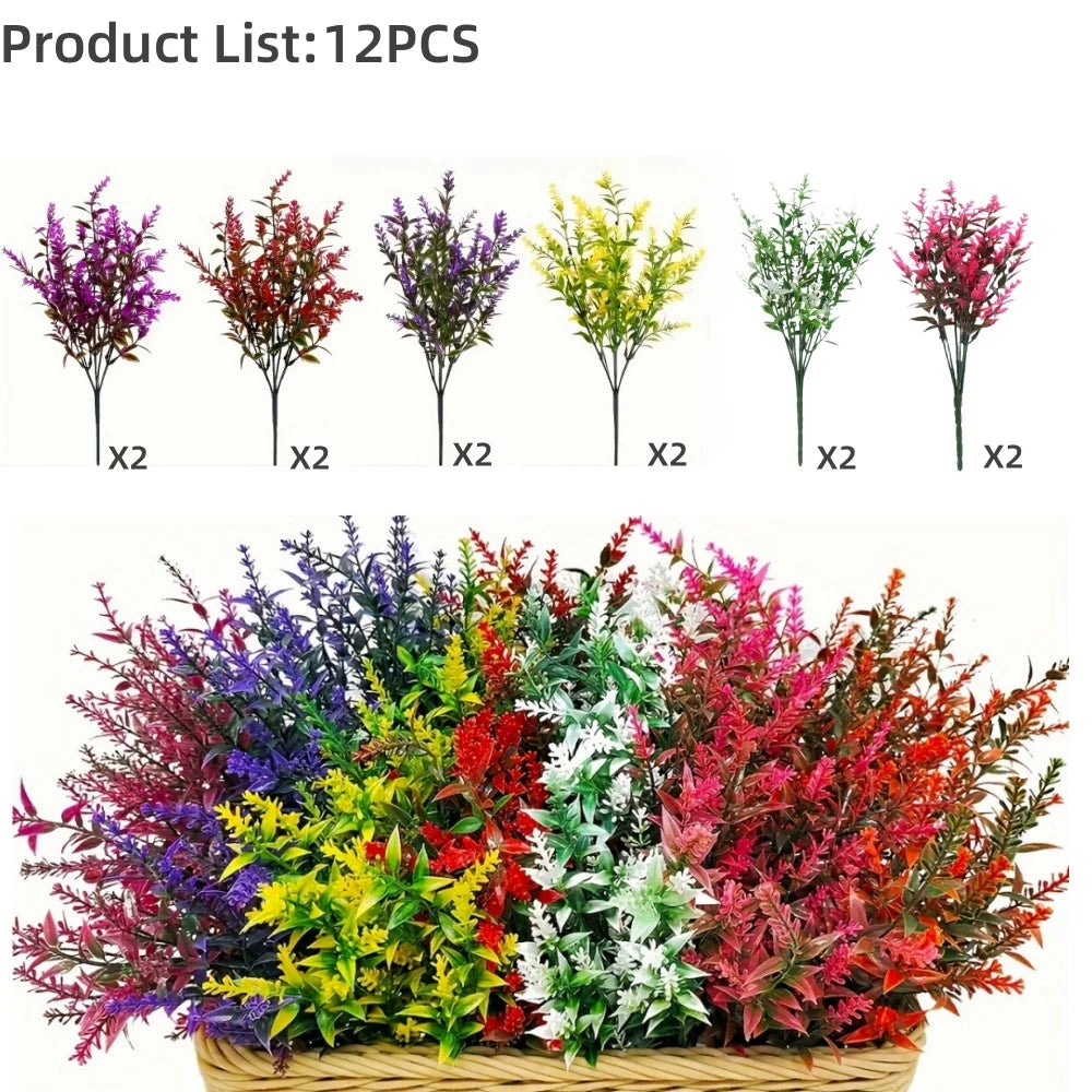 A collection of 12 artificial lavender stems in various colors and shades displayed in a wooden basket.