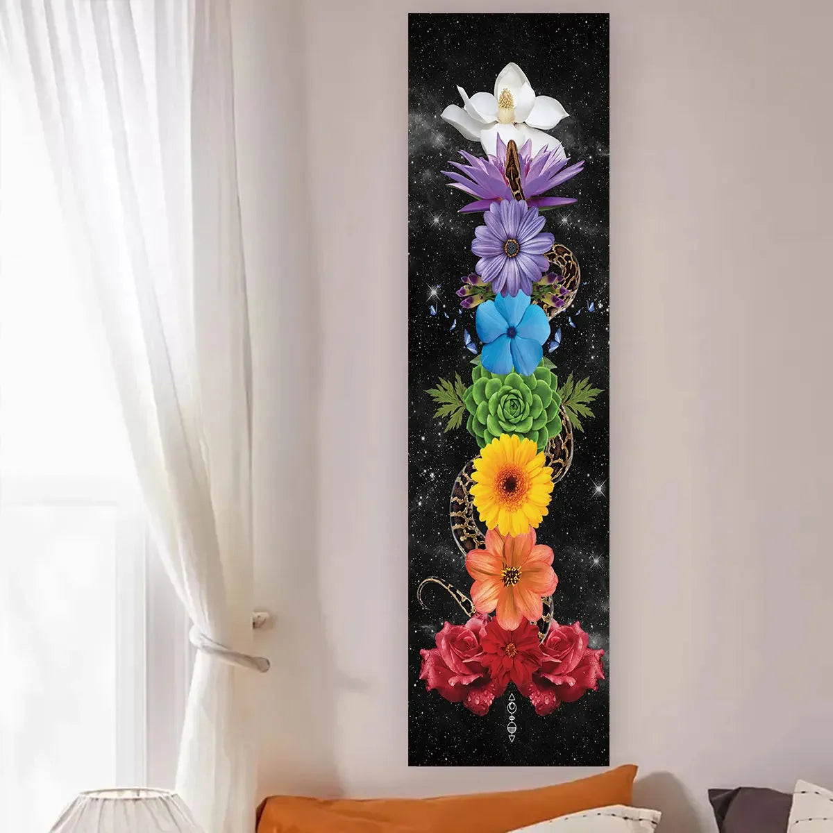 A vertical tapestry featuring a vertical arrangement of colorful flowers against a dark, starry background.