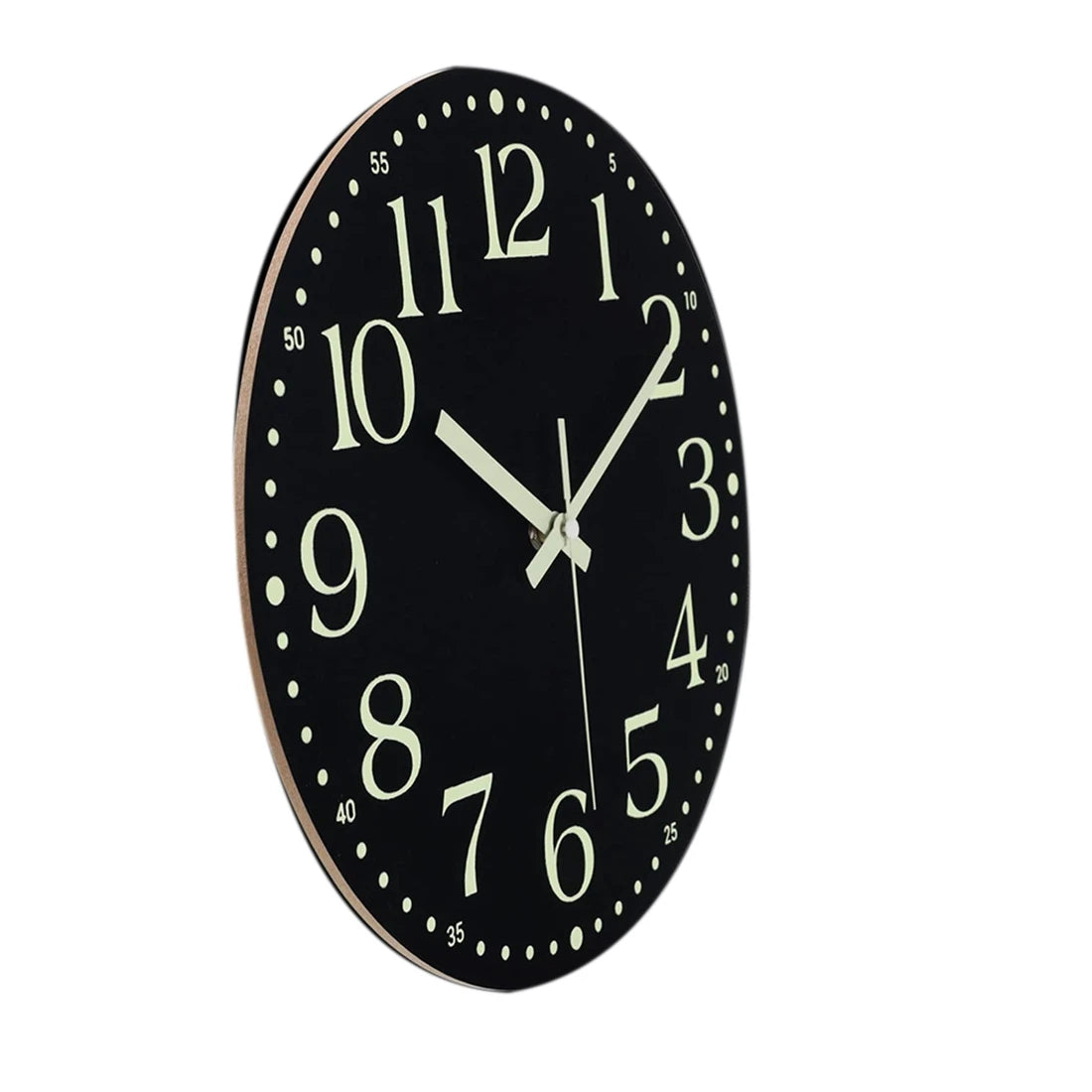 A round black wall clock with white numbers and hands, featuring a glow-in-the-dark design.