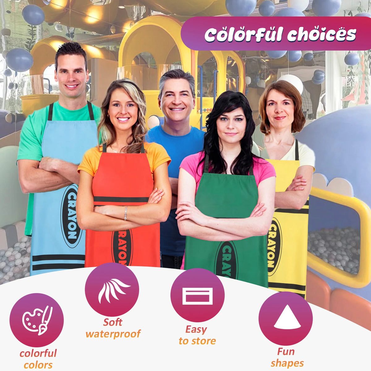 Five women wearing colorful crayon apron and cone hat costumes posing indoors